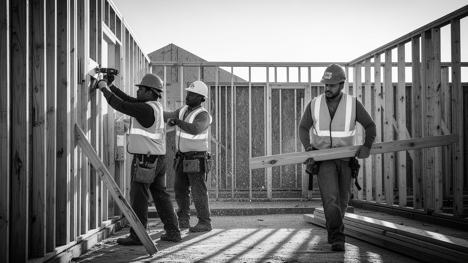Framing crew of construction subcontractors on a wood-framed jobsite — health insurance for construction subs